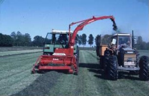 Fotografie: Ernteverfahren, Grassilage, Feldhäcksler angebaut, Parallelverfahren, Rückfahreinrichtung