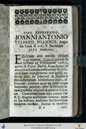 Viro Reverendo Joanni Antonio...
