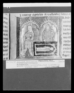 Roman des chevaliers de la table ronde, Artussage, fol. 387, Dame und Ritter an Merlins Grab