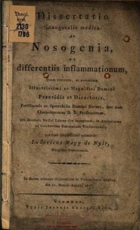 Dissertatio inauguralis medica de nosogenia, et differentiis inflammationum