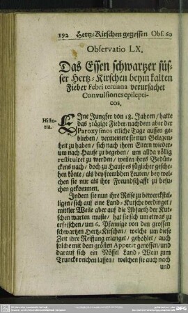Observatio LX. Das Essen schwartzer süsser Hertz-Kirschen beym kalten Fieber Febri tertiana verursachet Convulsiones epilepticos