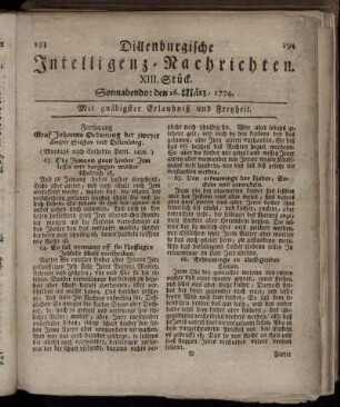 Sonnabends: den 26. März 1774.