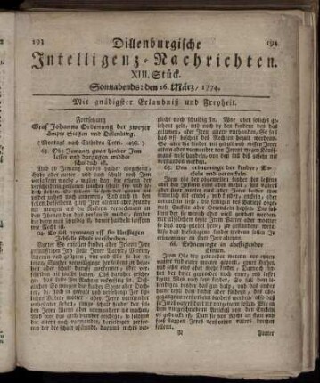 Sonnabends: den 26. März 1774.