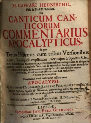 In Canticum Canticorum commentarius apocalypticus ...