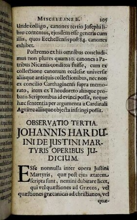 Observatio Tertia Johannis Harduini De Iustini Martyris Operibus Iudicium