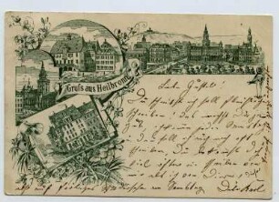 Mehrbildkarte, 4 Motive (Sammenansichten) Rathaus, Neckarbrücke mit Postamt, Kilianskirche, Käthchenhaus.