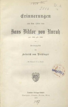 Erinnerungen aus dem Leben von Hans Viktor von Unruh : (geb. 1806, gest. 1886)
