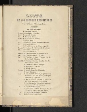 Lista des los Senores Suscritores ad Museo Guatemalteco.