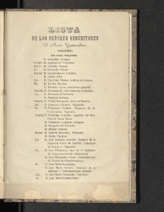 Lista des los Senores Suscritores ad Museo Guatemalteco.