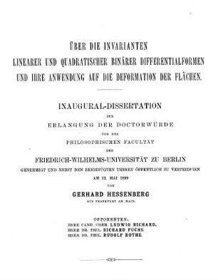 Über die Invarianten linearer und quadratischer binärer Differentialformen und ihre Anwendung auf die Deformation der Flächen
