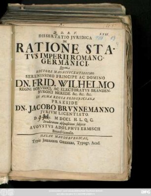 Dissertatio Jvridica De Ratione Statvs Imperii Romano-Germanici