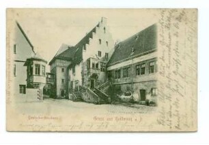 "Deutschordenshaus", "Gruß aus Heilbronn" - kleiner Deutschhof mit Freitreppe, Staffelgiebelhaus und Komturwappen-Erker