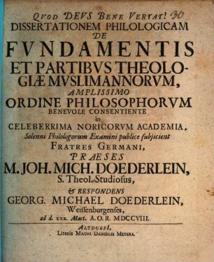 Dissertatio philologica de fundamentis et partibus theologiae Muslimannorum