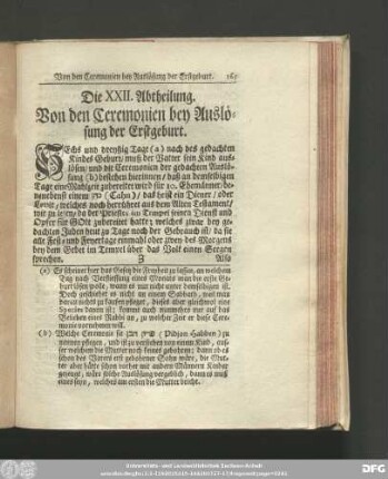 Die XXII. Abtheilung. Von den Ceremonien bey Auslösung der Erstgeburt.