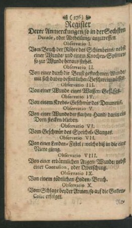 Register Derer Anmerckungen/ so in der Sechsten Decade, oder Abtheilung/ anzutreffen.