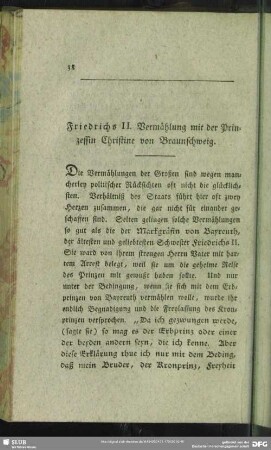 Friedrichs II. Vermählung mit der Prinzessin Christine von Braunschweig