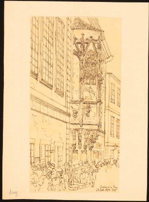 Carolinum (Karls-Universität), Prag: Perspektivische Seitenansicht des gotischen Erkers mit Staffage (Nach- oder Durchzeichnung nach Illustrirte Zeitung, 1874, S. 228)
