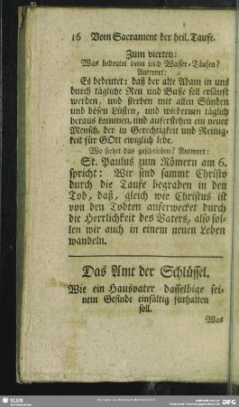 Das Amt der Schlüssel : Wie ein Hausvater dasselbige seinem Gesinde einfältig fürhalten soll