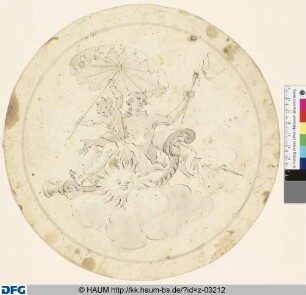 Nackter Jüngling (Apoll ?) mit Fackel in der Linken auf einem mit einer Sonne geschmückten Wolkenwagen, beschirmt von einem Putto