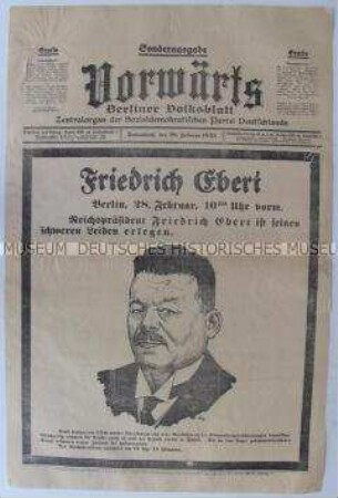 Sonderausgabe des "Vorwärts" zum Tod von Friedrich Ebert