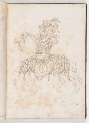 Reiterin mit Federkrone und Standarte, in einem Band mit Antikischen Figurinen und Pferdedekorationen, Bl. 9