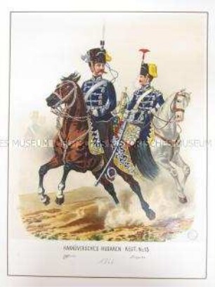 Uniformdarstellung, Offizier und Trompeter des Hannoverschen Husaren-Regiments No. 15 zu Pferd, Preußen, 1866. Tafel 100 aus: Schindler: Suplement zum Militair-Album.