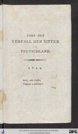 Über den Verfall der Sitten in Teutschland.
