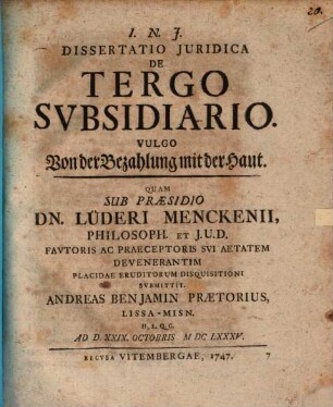 Dissertatio Juridica De Tergo Svbsidiario. Vulgo Von der Bezahlung mit der Haut