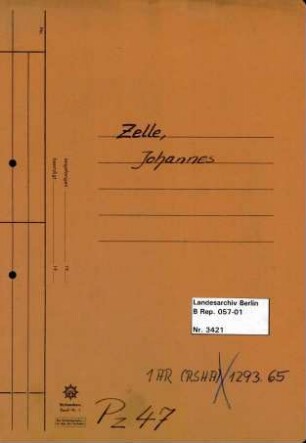 Personenheft Johannes Zelle (*14.01.1897), Kriminalkommissar