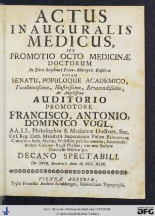 Actus Inauguralis Medicus, Seu Promotio Octo Medicinae Doctorum