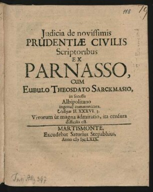Iudicia de novissimis Prudentiae Civilis Scriptoribus Ex Parnasso