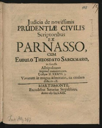 Iudicia de novissimis Prudentiae Civilis Scriptoribus Ex Parnasso
