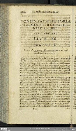 Continuatae Historiae De Ministerio Cardinalis Richelii. Anno MDCXXXV. Liber XII