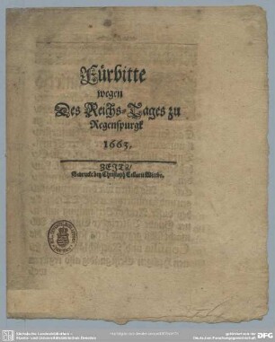 Fürbitte wegen Des Reichs-Tages zu Regenspurgk 1663.
