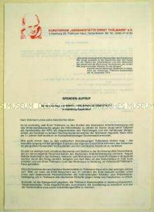 Flugblatt mit einem Spendenaufruf für den Ausbau der Thälmann-Gedenkstätte in Hamburg