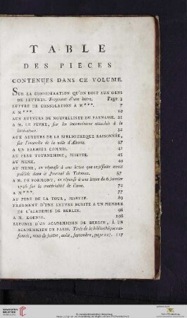 Table des pieces contenues dans ce volume