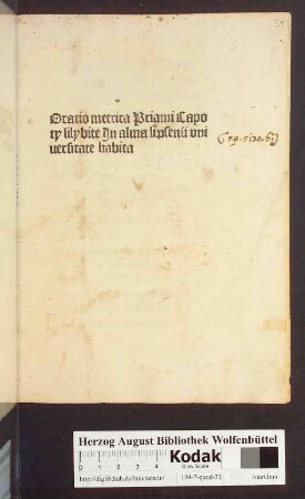 Oratio metrica Priami Capoty lilybite Jn alma lipsensi vniuersitate habita