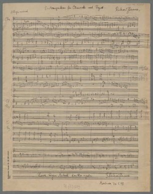 Duett-Concertino, cl, fag, strings, arp, TrV 293, Sketches - BSB Mus.ms. 12628 : [caption title:] Duettconzertino für Clarinette und Fagott // Richard Strauss.