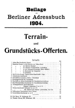 Beilage zum Berliner Adressbuch 1904. Terrain- und Grundstücks- Offerten