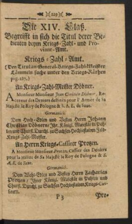 Die XIV. Claß. Begreifft in sich die Titul derer Bedienten beym Kriegs-Zahl- und Proviant-Amt