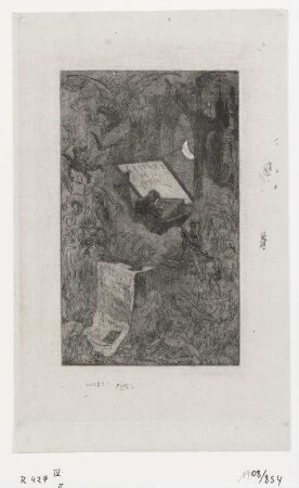 Junger Gaspard am Schreibtisch, umgeben von furchterregenden Kreaturen, Titelblatt aus: Louis Bertrand, "Gaspard de la nuit", Paris 1868