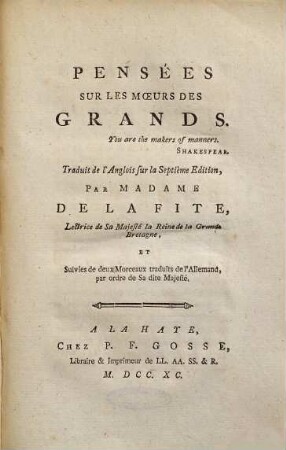 Pensées sur les moeurs des grands