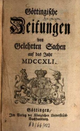 Göttingische Zeitungen von gelehrten Sachen : auf das Jahr .... 1741, 1741