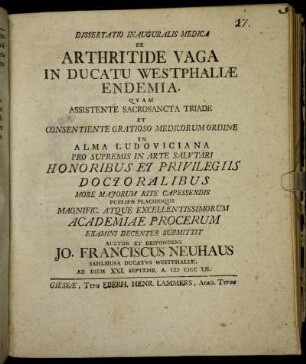 Dissertatio Inauguralis Medica De Arthritide Vaga In Ducatu Westphaliae Endemia