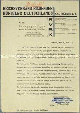 Abschrift eines Schreibens des Reichsverbandes bildender Künstler Deutschlands, Gau Berlin, an die Abteilung Bildende Kunst und Baukunst der Deutschen Bauausstellung betreffend Kunstwerke - Sachkonvolut