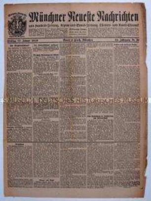 Titelblatt der Tageszeitung "Münchener Neueste Nachrichten" mit der Meldung über die Ermordung von Karl Liebknecht und Rosa Luxemburg
