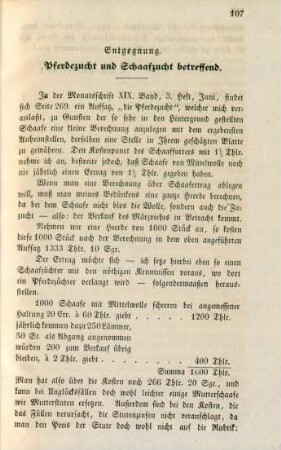 Entgegnung. Pferdezucht und Schaafzucht betreffend.