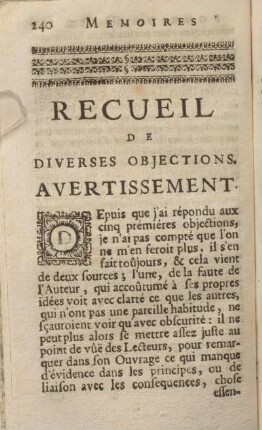 Receuil De Diverses Objections. Avertissement.