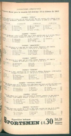 Hipódromo Argentino - Programa oficial para la reunión del domingo 18 de febrero de 1912