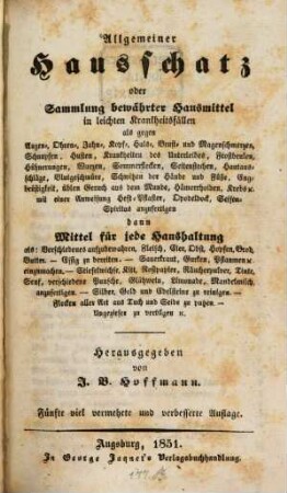 Allgemeiner Hausschatz oder Sammlung bewährter Hausmittel